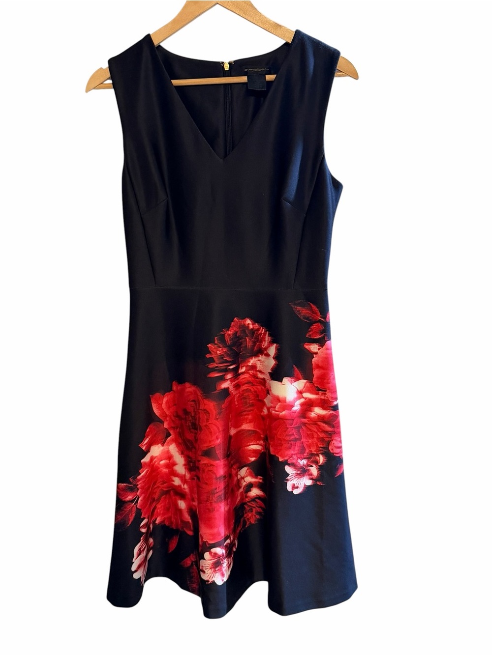 Donna Karan Black V-Neck Mini Dress with Red Floral Skirt - Picture 8 of 9